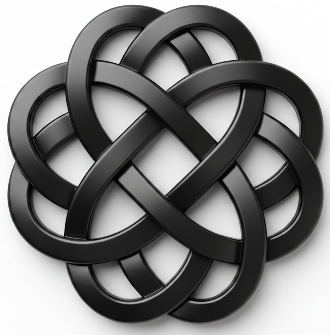 Black interlocking knot design on a light gray background