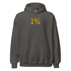 Minimalist 1% gold print hoodie — front and back, Merlin Fashion