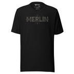 Art deco geometric typography t-shirt — Merlin wordmark, dark grey, Merlin Fashion