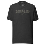 Art deco geometric typography t-shirt — Merlin wordmark, dark grey, Merlin Fashion