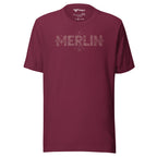 Art deco geometric typography t-shirt — Merlin wordmark, dark grey, Merlin Fashion