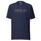 Art deco geometric typography t-shirt — Merlin wordmark, dark grey, Merlin Fashion