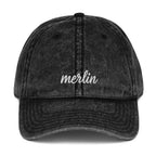 Vintage embroidered twill cap with script — stone washed, Merlin Fashion