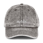 Vintage embroidered twill cap with script — stone washed, Merlin Fashion