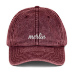 Vintage embroidered twill cap with script — stone washed, Merlin Fashion