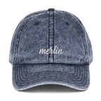Vintage embroidered twill cap with script — stone washed, Merlin Fashion