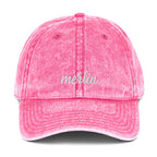 Vintage embroidered twill cap with script — stone washed, Merlin Fashion
