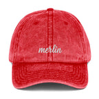 Vintage embroidered twill cap with script — stone washed, Merlin Fashion